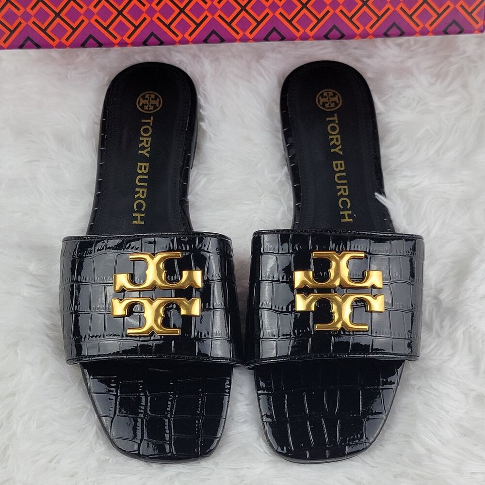 Designer Womens Size 8 39 Black Leather Croc Slippers Sandal Gold Decor Slides